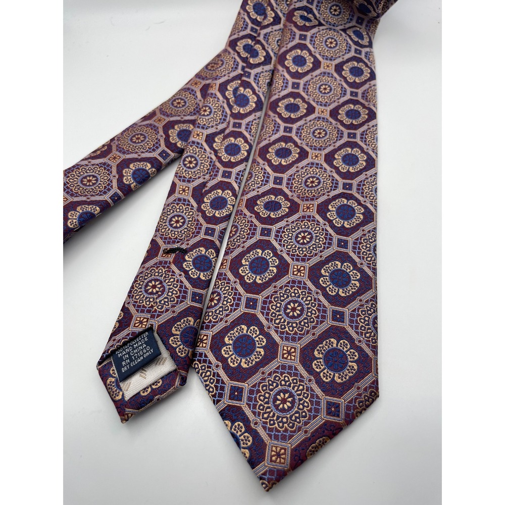 Joseph Abboud Mens Tie Burgundy Navy Gold Geometric Medallion Classic Necktie